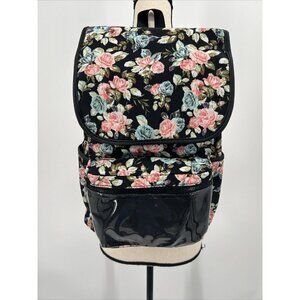 No Boundaries Nylon Flap Backpack Clear Vinyl Pocket Black Floral NWT 16" deep